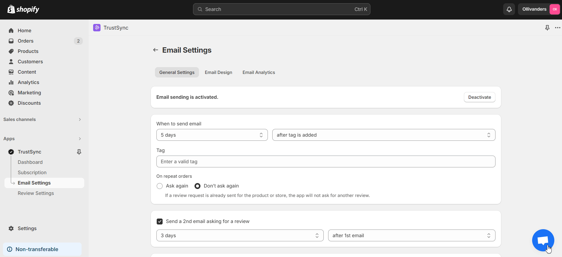 send email for online store orders only or at a specific time on TrustSync