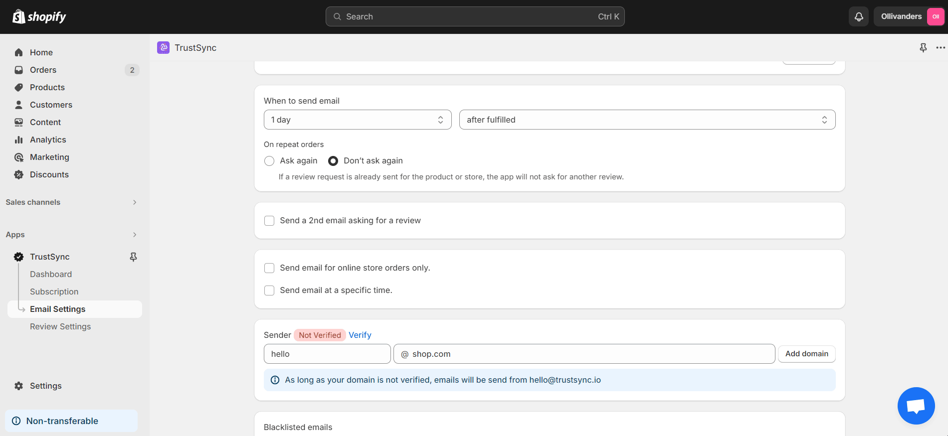 set a custom email sending domain and blacklist emails on TrustSync